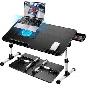 Ulteronixshop-Table de Lit pour Ordinateur Portable, Pliable, R&eacute;glable en Hauteur et Angle, Plateau de Lit avec Tiroir/Refroidisseur PC Portable, Table pour Lit/Canap&eacute;/Sol (60 x 34 cm, Noir) - Neuf