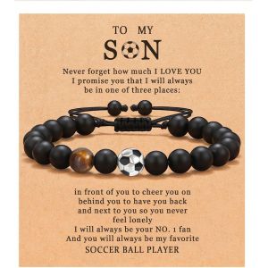 Eryi-Bracelet Cuir Homme Perle Bracelet Pierre Naturelle Tressé Bracelet Avec Pendentif De Football Idee Cadeau Anniversaire Homme Papy Bijoux Homme - Neuf