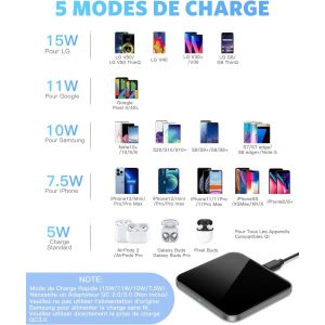 Chargeur Sans Fil, 15w Chargeur Induction Pour Iphone 16/15/14/13/12/11/16e/Se/Xs/Xr/8, Pour Samsung Galaxy S25/S24/S22/S21/S10e/S9/S8, Note 20/10/9/8, Airpods3/Pro, Noir - Neuf