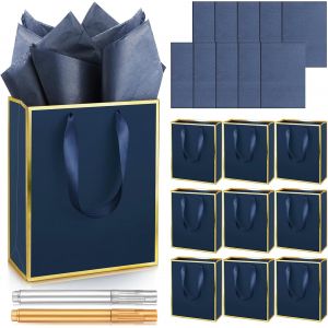 10 Sacs Cadeau Papier Metallise Poignees Papier de Soie Merci 5 Sens Sac Cadeau Lui Elle Anniversaire Noel Mariage Baby Shower Garcons d Honneur Faveur Nuptiale 9 x 7 x 3.15 Pouces Bleu - Neuf