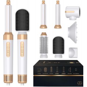 Brosse Soufflante Avec 7 Accessoires, Airstyler 7-En-1, S&egrave;che-Cheveux, Pour S&eacute;cher, Brosse Coiffante Chauffante, Pour Lisser, Boucler, White/Gold Edition - Neuf