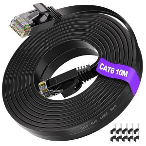 Cable Ethernet 10m, Cable RJ45 Cat 6 Plat Noir, C&acirc;ble Internet 10 M&egrave;tres Haute Vitesse, Gigabit Cable Reseau 1000bits pour Routeur, Switch, PC (10 Clips) - Neuf