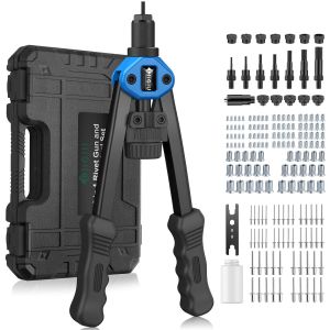 MEVRONISSHOP-2 EN 1 Riveteuse Manuelle et Pistolet &agrave; &Eacute;crou Professionnel Pince &agrave; Insert Filet&eacute; avec 110 &Eacute;crous et 7 Mandrins M3-M12 Pince &agrave; Rivets 5 en 1 avec 50 Rivets dans un &Eacute;tui de Transport - Bl - Neuf