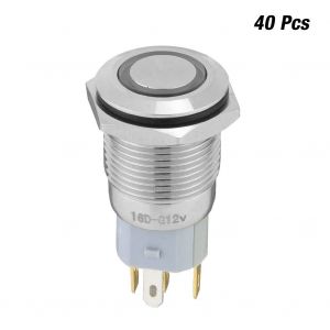 Lot de 40 interrupteurs a bouton-poussoir momentanes en metal de 16 mm, reinitialisation automatique, 5 broches, avec voyant LED 12 V (vert) - Neuf
