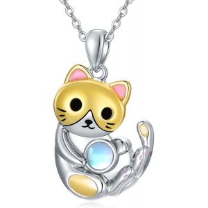 Collier Chat En Argent Sterling 925 Avec Pendentif En Forme De Coeur En Pierre De Lune Et Oxyde De Zirconium - Cadeau D'anniversaire Pour Les Femmes Qui Aiment Les Chats - Neuf