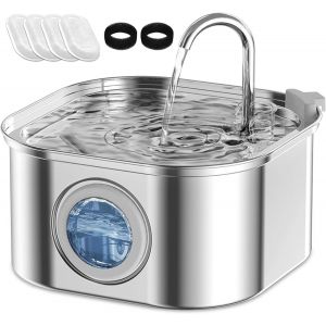 3.2l Fontaine &Agrave; Eau Pour Animaux De Compagnie En Acier Inoxydable, Fontaine &Agrave; Eau Pour Chat Ultra Silencieuse Avec Lumi&egrave;re Led, 4pcs Filtre &Agrave; Charbon + 2pcs &Eacute;ponges (Type De Carr&eacute;, 3.2l) - Neuf