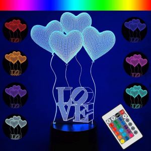 Veilleuse Lampe Illusion Coeur 3d Love, Romantique Led Lampe Forme Coeur 16 Couleur Avec T&eacute;l&eacute;commande Et Interrupteur Tactile, Cadeau Anniversaire Saint Valentin Pour Fille/Amie/Femme - Neuf