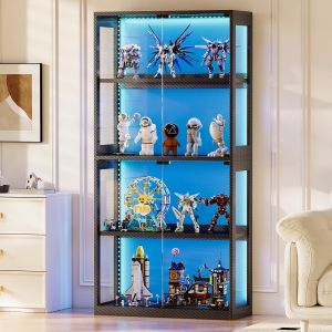 SUBZONAL-Vitrine avec Portes en Verre, 4 &Eacute;tag&egrave;res avec &Eacute;clairage LED, Vitrine pour Collections, Biblioth&egrave;que Haute pour Salon et Bureau, Kit Anti-Chute Inclus, Noir - Neuf