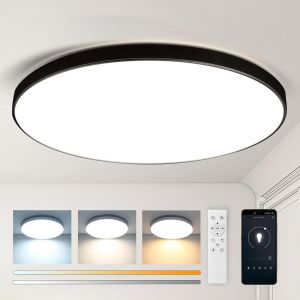 Plafonnier 24W Ip44 Plafonnier Avec T&eacute;l&eacute;commande Luminaire Led 2.4G 3000-6500K Lumi&egrave;re Douce 2520Lm Dimmable Salon,30Cm Noir - Neuf