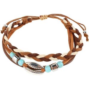 Eryi-Bracelet Femme En Cuir Tressé Avec Perles Turquoise Et Plume Argentée Bijoux Femme Style Bohème Bracelet D'amitié Pour Toutes Occasions - Neuf