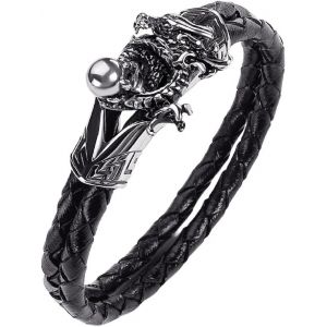 Eryi-Bracelet Dragon Pour Homme, Bracelet Griffe De Dragon Pour Garçon, Bracelet Jonc Dragon Viking, Bracelet Manchette Ouroboros Dragon Punk, Bracelet En Cuir Tressé Tête De Dragon Avec Perles À Gri - Neuf