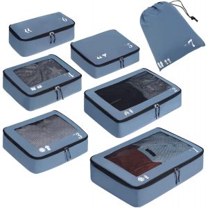 Organisateur Lot De 7 Rangement Val Organisateur De Voyage Packing Cubes Sac Chaussures Ecologique Organ Urs De Bagage Pochette Sac Rangement Val R&eacute;sistant &Agrave; La D&eacute;chirure (Bleu) - Neuf
