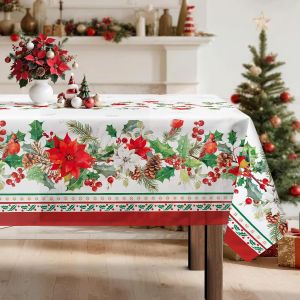 Nappe Florale De No&euml;l, Nappe Rectangulaire &Agrave; Fleurs De No&euml;l, Housse De Table En Antitache Imperm&eacute;able Lavable Pour F&ecirc;te De No&euml;l, Vacances, D&eacute;coration D'int&eacute;rieur (Rouge, 152x213cm) - Neuf