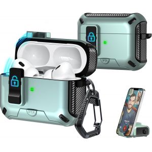 Compatible avec Les AirPods Pro 2ème génération/1ère Étuis pour écouteurs de génération,Conception d'étui de Protection à éjection Automatique entièrement résistante aux Chutes,Noir+Vert Pomme - Neuf