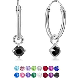 Kal-&reg; Boucles D'oreilles Petites Cr&eacute;oles En Argent Fin 925 Avec Petit Pendentif 3 Mm Cristaux De Swarovski&reg; Elements Ronds - &Eacute;paisseur 1.5 Mm - Diam&egrave;tre: 14 Mm - Choix De Diff&eacute;rentes Couleurs - Neuf