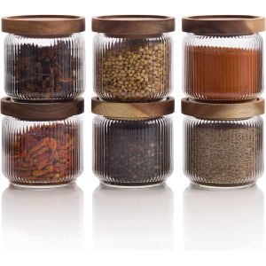 Lot De 6 Bocaux En Verre Nervuré Avec Couvercle En Bois 350 Ml | Conteneur De Rangement Hermétique Nervuré Pour Épices, Thé, Sucre, Café, Bonbons, Friandises Pour Chien, Collations - Neuf