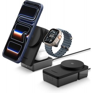 MEVRONISSHOP-Essential Qi2.2 25W Chargeur sans Fil MagSafe 3-en-1 (Inclus Un c&acirc;ble USB-C de 2 m) Station de Charge pour iPhone 17/16/15/14/13 Pro/Max/Air, Pixel 10 Pro XL/Buds, AirPods, Apple Watch - - Neuf