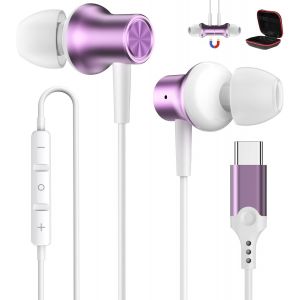 Ecouteurs USB C pour Samsung S25 A16 A55 A35 A36 A56 S24 S23 Écouteurs USB Type C Filaire Casque Intra Auriculaire Magnétique avec Micro pour iPhone 16e 16 15 Pixel 9 8a 7 POCO X7 Pro Violet - Neuf