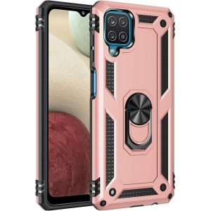 Compatible Avec Samsung Galaxy A12/M12/F12 (2020) Coque Bumper Tpu Mat Anti¿Choc Militaire + Verre Trempé 3d Avec Support - Or Rose - Neuf