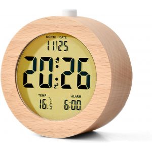 KAL-Réveil En Bois Rond,Réveil De Chevet Numérique Lcd,Réveil Numérique En Bois Réveil,Réveil Numérique En Bois Fonction Snooze,Avec Affichage Heure,Date,Température,Pour Chambres Et Bureaux - Neuf