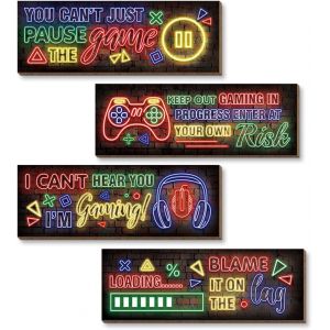 Eryi-4 Pcs Décoration Gamer,Deco Chambre Gaming,Panneau En Bois Gaming Decoration Murale,Poster Gaming Decoration Chambre Ado Garcon 20x10cm (Néon A) - Neuf