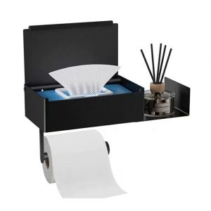 Porte Papier Toilette Mural Support Papier Toilette Adhesif, Derouleur Papier Toilette Murale sans Percage avec Rangement Acier, Inoxydable Anti-Empreintes Digitales Porte Spacieuses Noir - Neuf