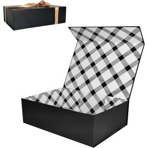 Grand Boîte Cadeau Blanc 33.5x27x12.5 cm, Boîte Cadeau Haut de Gamme avec Couvercle Magnétique et Ruban pour Emballage Cadeau de Vacances, Mariage, Anniversaire, Doublure à Carreaux - Neuf