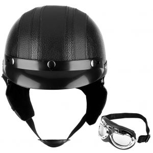 Casque De Moto Demi-Visage Vintage En Abs Noir Avec Pare-Soleil Et Lunettes De Protection - Neuf