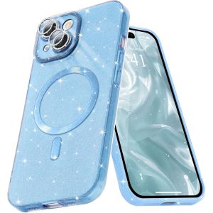 Sjzg-Coque Magn&eacute;tique Pour Iphone 15 Etui &Agrave; Paillettes Brillant Compatible Avec Magsafe Charge Sans Fil Housse De Protection Antichoc Pour Appareil Photo Glitter Silicone Souple,Bleu - Neuf