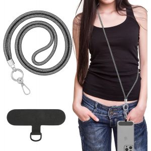 KAL-Universal Phone Lanyard, Cha&icirc;ne En M&eacute;tal Pour T&eacute;l&eacute;phone Portable, Sangle Anti-Vol D&eacute;tachable Pour T&eacute;l&eacute;phone Portable De Femme, Cordon Autour Du Cou Avec Patchs Pour Iphone, Cristal Noir - Neuf