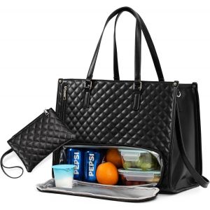 CAUC-Sac Isotherme Femme, Sacoche Ordinateur 15.6 Pouces Cuir PU, Sac Cabas Femme pour Universit&eacute;s, Voyage, Cours Lycee, Cadeau, Noir - Neuf