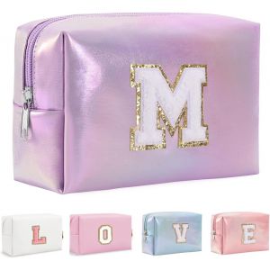MAA-Organisateur de Trousse de Maquillage en Cuir PU 26 Lettres Laser Pochette cosmétique Grande capacité Trousse de Toilette de Voyage Femmes Filles Cadeaux d'anniversaire Sac de Rangement - Neuf
