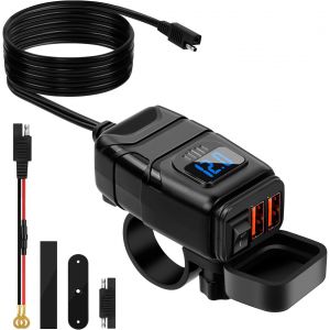 Prise USB Moto, Prise de Chargeur de Voiture USB Double, Chargeur USB Moto &Eacute;tanche Charge Rapide avec Interrupteur et Voltm&egrave;tre LED, Prise USB 12V pour Moto Bateau Marin Caravane (Double USB) - Neuf
