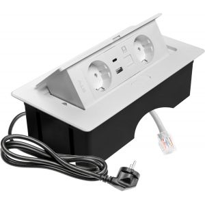 Prise encastrable MULTISOFT blanche avec 2 prises Schuko, USB A+C, RJ45, escamotable avec couvercle, c&acirc;ble de 1,5 m, id&eacute;ale pour le bureau, la table de conf&eacute;rence ou le plan de travail de cuisine - Neuf