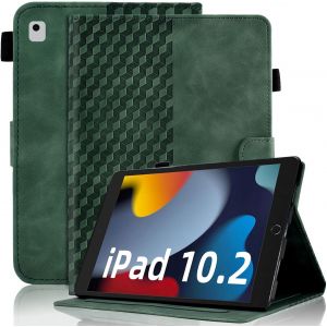 Coque Pour Ipad 10.2"" Ipad 9ème/8ème/7ème Génération Housse Cuir Pu Etui Flip Case Treillis Avec Veille/Réveil Auto Multi-Angle Support Pour Ipad 10.2"" 2021/2020/2019 - Vert Foncé - Neuf