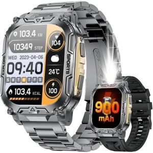 Montre Connectée Militaire Homme 2.01'' - Appels, 900mAh, IP68 Étanche, Fréquence Cardiaque, Pédomètre, 2 Bracelets, Android/iOS. - Neuf