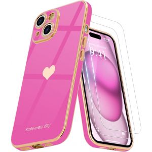 Brs-Coque Pour Iphone 15 En Silicone Galvanisé Or Ultra Mince Avec Motif Coeur D'amour Mignon Housse Étui De Protection Complète Du Corps Antichoc Pour Iphone 15, Rose Pink - Neuf