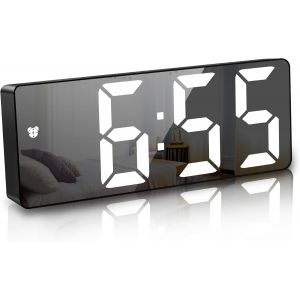 KAL-Réveil Numérique, Led, Réveil Numérique, Miroir, Horloge De Table, Câble Usb, Réveil Fin, 12/24 Heures, Snooze, Commande Vocale, Affichage De La Température, Luminosité Réglable, Chambre À - Neuf