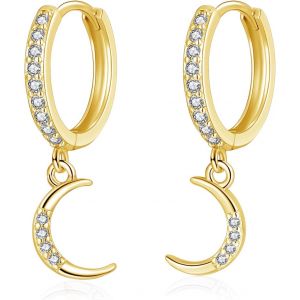 Kal-Boucles D'oreilles Créoles En Argent 925 Avec Pendentif, Boucles D'oreilles Pendantes En Argent Sterling 925 Avec Lune Et Étoile, Boucles D'oreilles Créoles Pendantes Pour Femme Et Fille - Neuf
