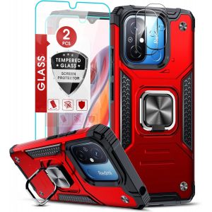 JGD-Coque pour Xiaomi Redmi 12C/ 11A avec 2 Verre Tremp&eacute; Vitre Protection, 2 Protection Camera et Anneau Telephone, Militaire PC et TPU Silicone Etui Antichoc Housse Coque pour Redmi 12 C - Rouge - Neuf
