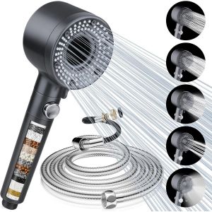 JGD-Pommeau de Douche avec Filtre, Pommeau Douche Haute Pression Economie Deau, Anti Calcaire Douchette Salle de Bain avec Tuyau 2M, Shower Head avec 5 Modes de Jet pour l'eau Dure - Neuf