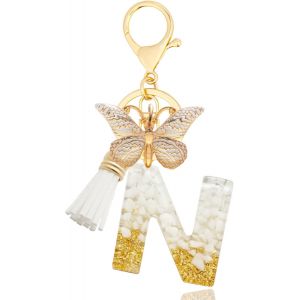 KAL-Porte-Clés Avec Lettre, Keychains Lettre Avec Papillons Pompon Pendentif, Alphabet Porte-Clés, Porte-Clés Initiale Pour Femmes Filles Sac À Main Bagages Décoration - Neuf