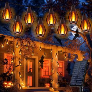 Guirlande Solaire Exterieur, 12,3m Led Guirlande Lumineuse Solaire Avec Effet De Flamme, Ip65 &Eacute;tanche Guirlande Solaire Exterieur Jardin Vintage Pour F&ecirc;te Pavillon Balcon Terrasse D&eacute;corer - Neuf