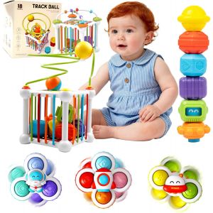 JGD-Montessori Lot de 16 jouets pour gar&ccedil;ons et filles, avec 3 toupies &agrave; ventouse et labyrinthe de perles, jouets &eacute;ducatifs pour tout-petits &acirc;g&eacute;s de 1 &agrave; 3 ans - Neuf