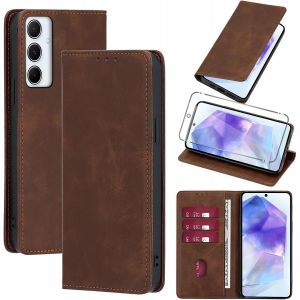 SJZG-Auki Coque Cuir Pour Samsung Galaxy A55 Avec 1 Verre Tremp&eacute; Etui &Agrave; Rabat En Pu Porte-Cartes Portefeuille Support Flip Housse Magn&eacute;tique Antichoc Anti-Rayures Case,Marron - Neuf