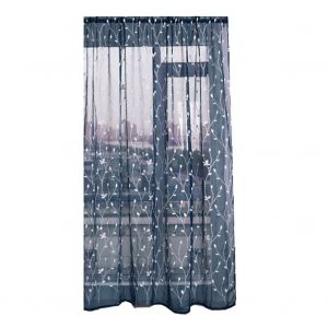 Hjlian Rideaux Transparents Perfores En Mousseline Brodee De Feuilles De Saule Pour Chambre A Coucher (Bleu Marine) - Neuf