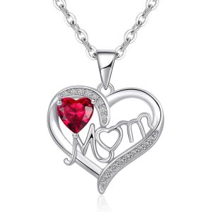 Kal-Cadeau Maman Personnalisé Collier Argent Femme Collier Fete Des Meres Con Zircone Rouge Cadeau Fete Des Meres Original Cadeaux Maman - Neuf