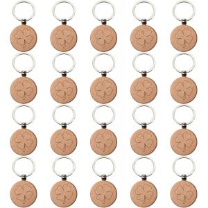 KAL-20 Pièces Porte-Clés Ronds En Bois De Trèfle Porte-Clés Trèfle À Quatre Feuilles Trefle A 4 Feuilles Porte Clef Porte Clé En Bois Rond Diy Porte-Clés Porte-Bonheur Pour Cadeau, Décoration - Neuf