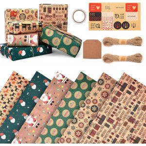 Lot De 6 Papier Cadeau De No&euml;l Papier Avec Motif Pour D'&eacute;l&eacute;ments De No&euml;l Avec Carte En Papier Kraft, Autocollant, Cordes De Jute, Ruban Adh&eacute;sif 50 X 70 Cm (Motif B) - Neuf