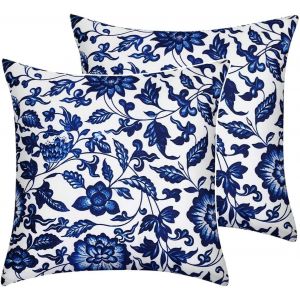 Cauc-Lot De 2 Housses De Coussin D&eacute;coratives - 50 X 50 Cm - Bleu Fonc&eacute; - Motif Floral - Pour Salon, Canap&eacute;, Chambre &Agrave; Coucher - Avec Fermeture &Eacute;clair Invisible - 50 X 50 Cm - Neuf